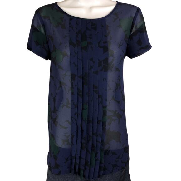 Ann Taylor Loft Purple Black Green Floral Short Sleeve Top Feminine Ruffle Front - Picture 13 of 16